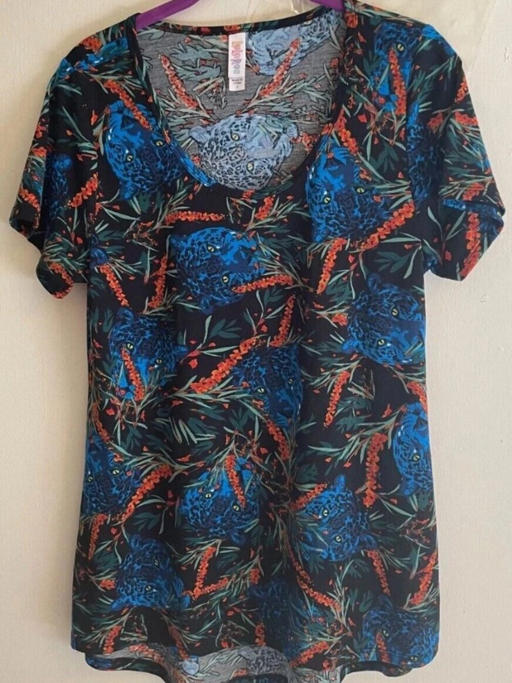 LuLaRoe Classic T Womens Small Black Blue Owl Bird Floral Print Top